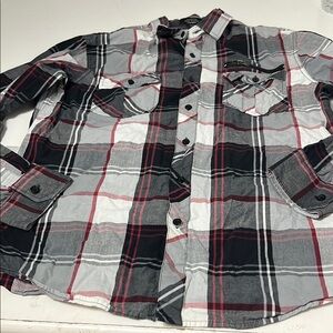 Eighty Eight Platinum Large Gray Red Button Up Long Sleeve Plaid Collared Top
